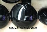CAA2532 15.5 inches 25mm flat round black agate beads wholesale