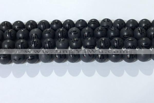 CAA3662 15.5 inches 10mm round matte & carved black agate beads