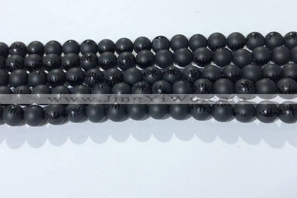 CAA3670 15.5 inches 6mm round matte & carved black agate beads