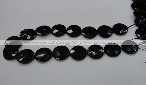 CAB320 15.5 inches 25mm faceted coin black agate gemstone beads