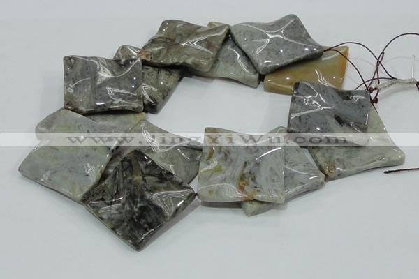 CAB585 15.5 inches 40*40mm wavy diamond silver needle agate beads
