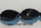 CAB797 15.5 inches 12*24mm faceted & twisted rice black agate beads