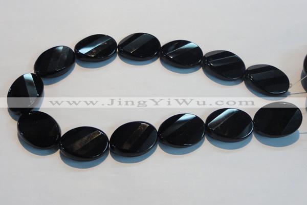 CAB816 15.5 inches 22*30mm faceted & twisted oval black agate beads