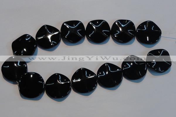 CAB827 15.5 inches 30mm wavy coin black agate gemstone beads wholesale