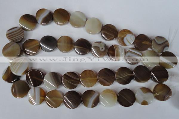 CAG3154 15.5 inches 20mm twisted coin brown line agate beads
