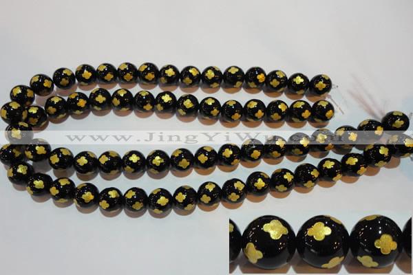 CAG3364 15.5 inches 12mm carved round black agate beads wholesale