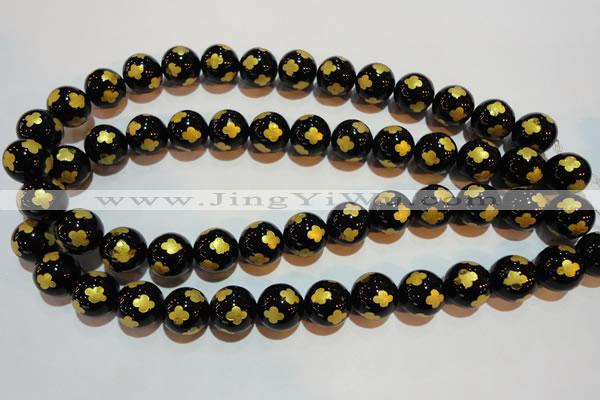 CAG3365 15.5 inches 14mm carved round black agate beads wholesale
