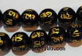 CAG3374 15.5 inches 12mm carved round black agate beads wholesale
