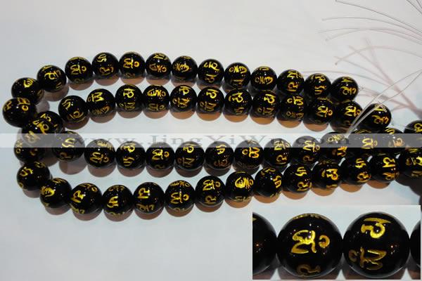 CAG3375 15.5 inches 14mm carved round black agate beads wholesale