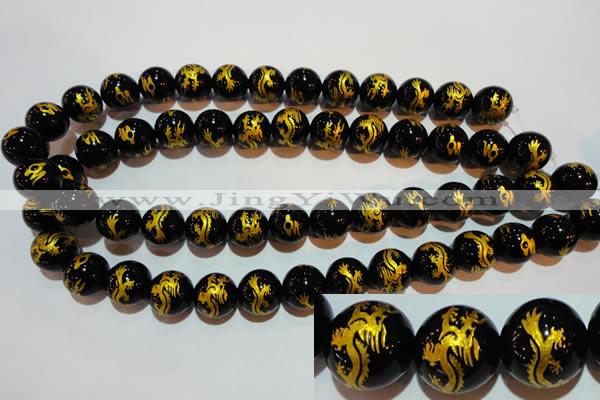 CAG3382 15.5 inches 14mm carved round black agate beads wholesale