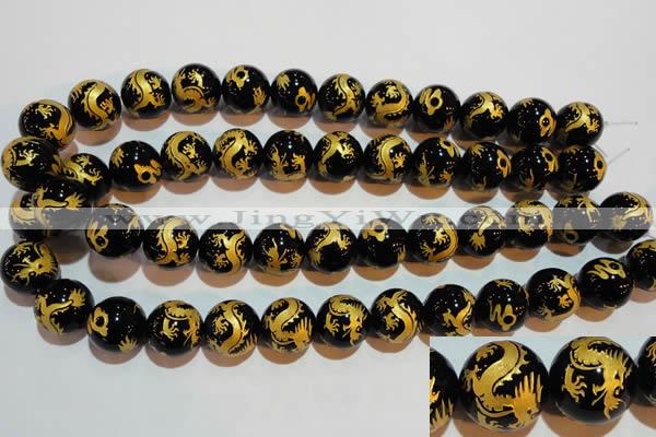 CAG3383 15.5 inches 16mm carved round black agate beads wholesale