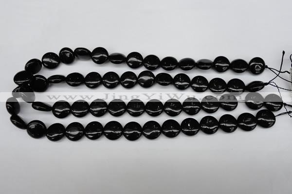 CAG4012 15.5 inches 14mm flat round black agate beads
