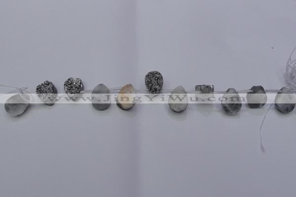 CAG7972 Top drilled 13*18mm flat teardrop plated white druzy agate beads