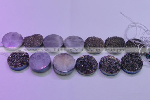 CAG8414 7.5 inches 35mm coin rainbow plated druzy agate beads