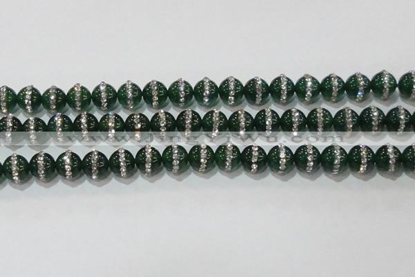 CAG8623 15.5 inches 14mm round green agate with rhinestone beads