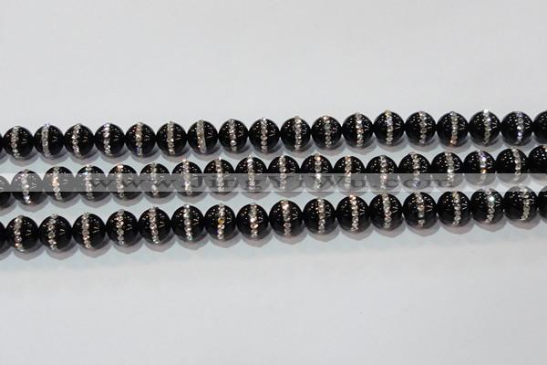 CAG8630 15.5 inches 8mm round black agate with rhinestone beads