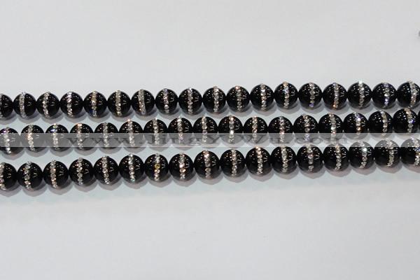 CAG8631 15.5 inches 10mm round black agate with rhinestone beads