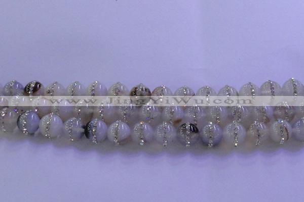 CAG8776 15.5 inches 8mm round agate with rhinestone beads