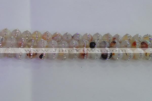CAG8783 15.5 inches 12mm round agate with rhinestone beads