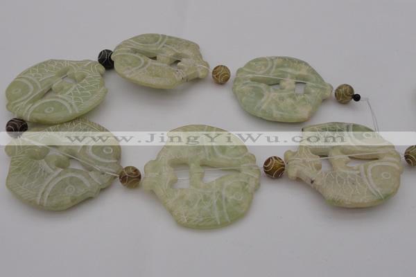 CAL28 14.5 inches 54*56mm carved fish agalmatolite beads