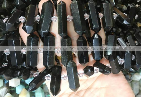 CBBS136 Centre drilled 6*20mm - 11*35mm hexahedral prism golden obsidian beads