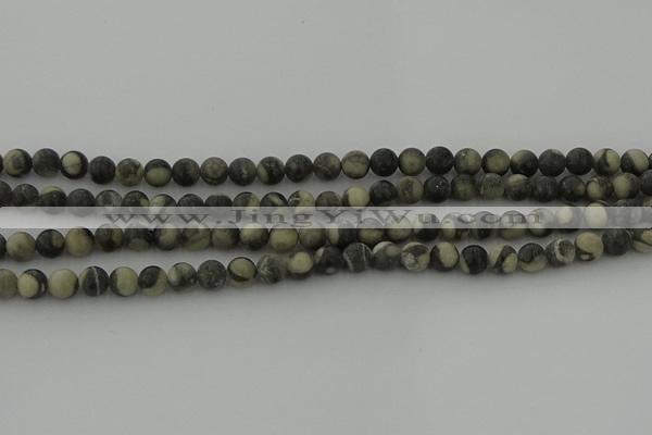 CBW161 15.5 inches 6mm round matte black fossil jasper beads
