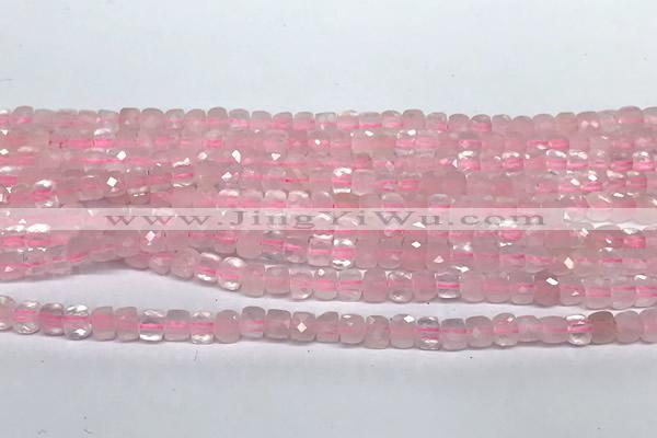CCU1006 15 inches 4mm faceted cube rose quartz beads