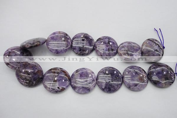 CDA317 15.5 inches 30mm flat round dyed dogtooth amethyst beads