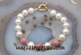 CFB1045 Hand-knotted 9mm - 10mm potato white freshwater pearl & pink wooden jasper bracelet