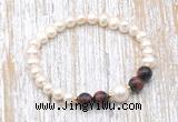 CFB619 6-7mm potato white freshwater pearl & red tiger eye stretchy bracelet