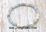 CFB708 faceted rondelle amazonite & potato white freshwater pearl stretchy bracelet