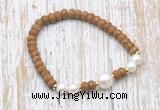 CFB741 faceted rondelle wooden jasper & potato white freshwater pearl stretchy bracelet