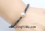 CFB829 4mm faceted round snowflake obsidian & potato white freshwater pearl bracelet
