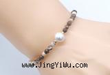 CFB839 4mm faceted round brown zebra jasper & potato white freshwater pearl bracelet