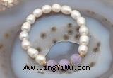 CFB902 9mm - 10mm rice white freshwater pearl & lavender amethyst stretchy bracelet