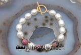 CFB929 Hand-knotted 9mm - 10mm rice white freshwater pearl & rhodonite bracelet
