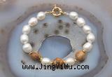 CFB950 Hand-knotted 9mm - 10mm rice white freshwater pearl & picture jasper bracelet