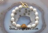 CFB951 Hand-knotted 9mm - 10mm rice white freshwater pearl & wooden jasper bracelet