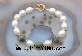CFB955 Hand-knotted 9mm - 10mm rice white freshwater pearl & African turquoise bracelet