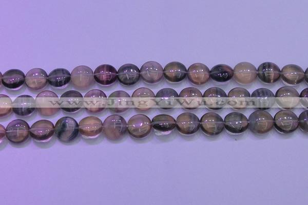 CFL1332 15.5 inches 12mm flat round purple fluorite gemstone beads