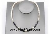 CFN127 potato white freshwater pearl & black banded agate necklace, 16 - 24 inches