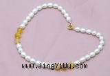 CFN307 Rice white freshwater pearl & yellow banded agate necklace, 16 - 24 inches