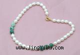 CFN309 Rice white freshwater pearl & green banded agate necklace, 16 - 24 inches