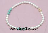 CFN314 9 - 10mm rice white freshwater pearl & amazonite necklace wholesale