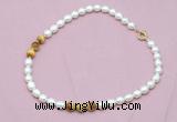 CFN319 9 - 10mm rice white freshwater pearl & golden tiger eye necklace wholesale