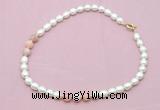 CFN324 9 - 10mm rice white freshwater pearl & pink opal necklace wholesale