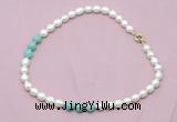 CFN325 9 - 10mm rice white freshwater pearl & amazonite necklace wholesale