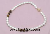 CFN328 9 - 10mm rice white freshwater pearl & yellow tiger eye necklace wholesale