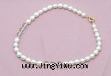 CFN331 9 - 10mm rice white freshwater pearl & white crystal necklace wholesale
