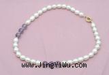 CFN332 9 - 10mm rice white freshwater pearl & amethyst necklace wholesale